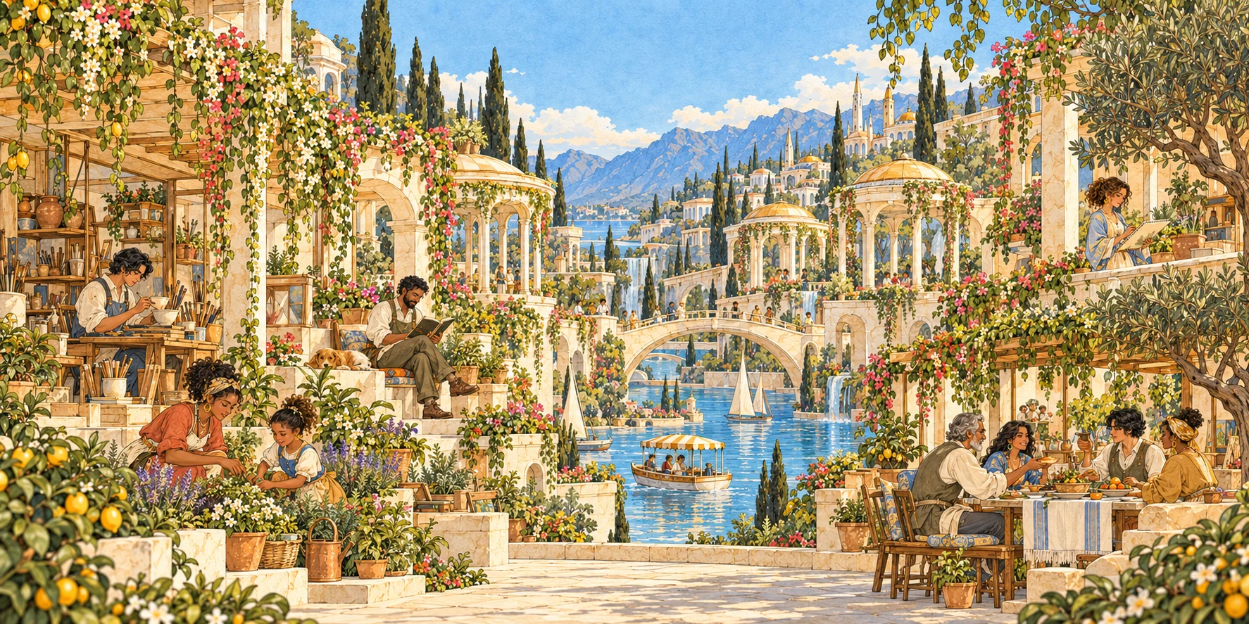 Open Eden garden terraces and a community beside the water
