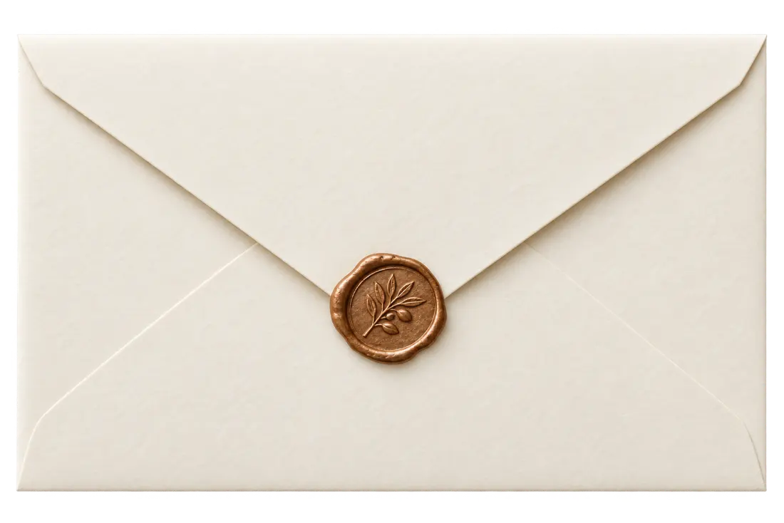 An ivory paper envelope closed with a bronze olive-branch wax seal